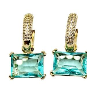 Gold and Blue Earrings Emerald-Cut Drop Zircon Gold Plated  -New!
